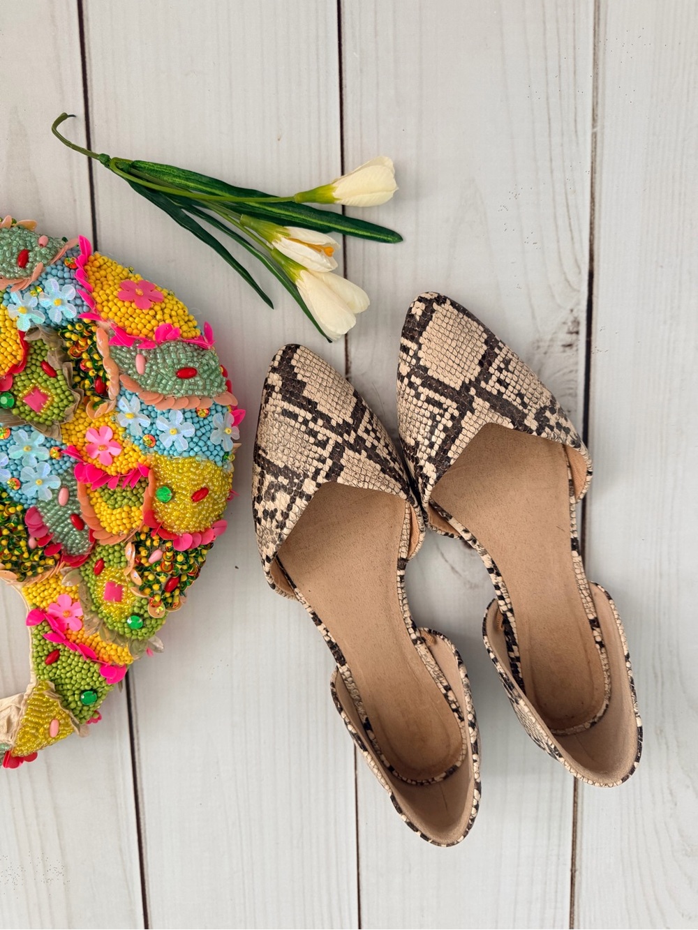 Beige Snake-Print Pointed Toe D'Orsay Flats